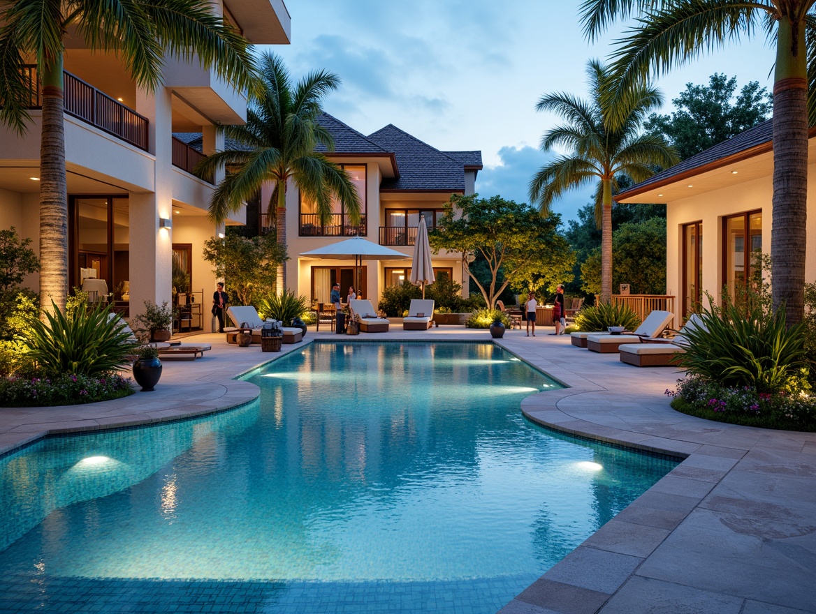 Prompt: Luxurious swimming pool, bronze accents, elegant water features, ornate fountains, sophisticated pool tiles, metallic sheen, warm golden lighting, Mediterranean-inspired architecture, resort-style ambiance, tropical plants, palm trees, sun-kissed deck, comfortable lounge chairs, refreshing misting systems, 3/4 composition, shallow depth of field, soft focus, natural textures.