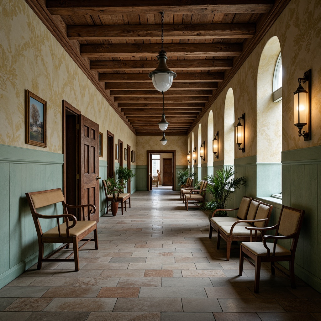 Prompt: Vintage hospital corridor, distressed wood accents, ornate metal fixtures, warm soft lighting, pendant lamps, candle-like sconces, natural linen shades, rustic wooden furniture, faded pastel colors, worn stone floors, aged brick walls, cozy waiting areas, comfortable seating, gentle color palette, relaxing ambiance, subtle shadows, 1/2 composition, atmospheric perspective, realistic textures.