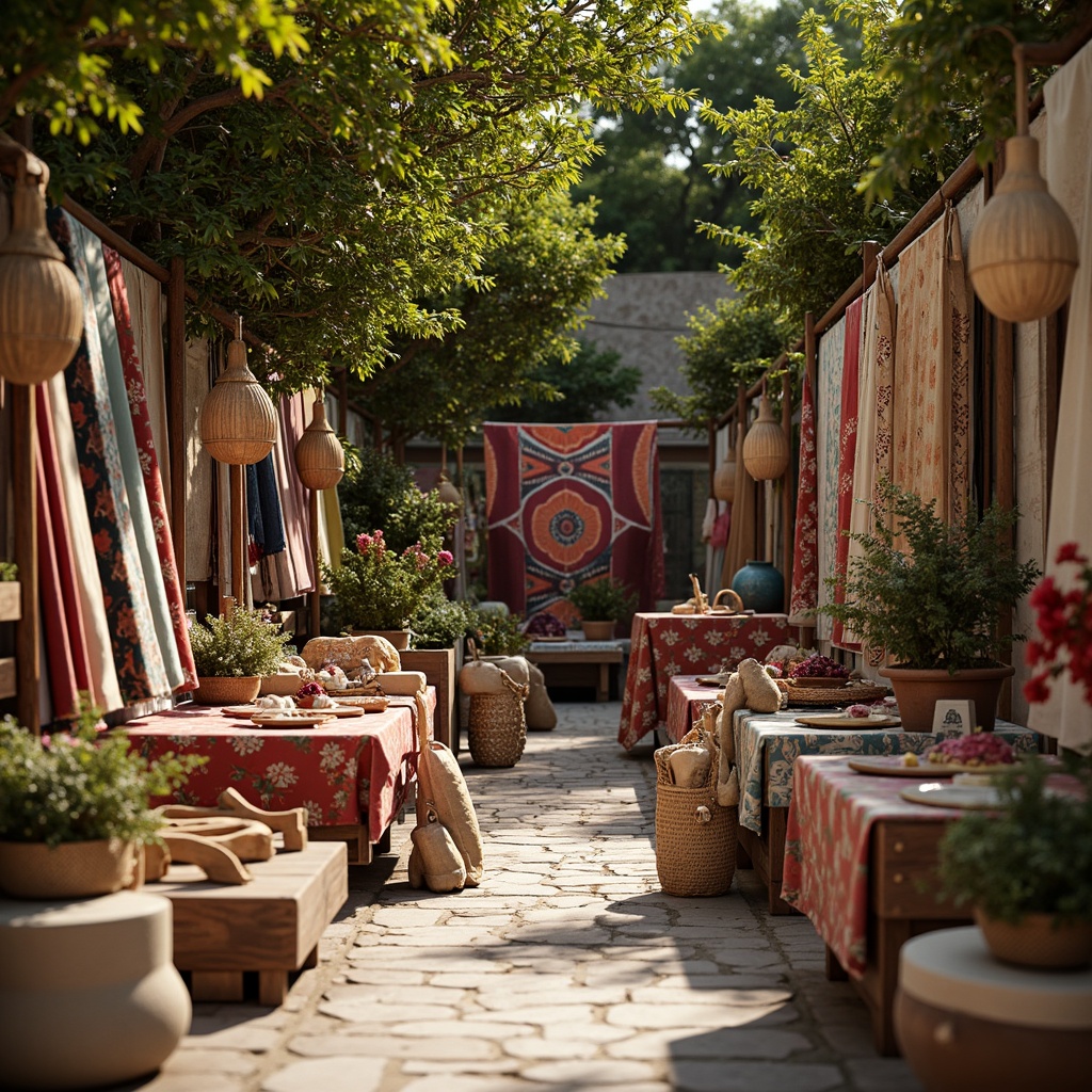 Prompt: Vibrant market scene, eclectic textile stalls, colorful fabric rolls, intricate patterns, bohemian-inspired designs, lush greenery, natural wood accents, woven baskets, macrame details, earthy tones, warm lighting, shallow depth of field, 1/1 composition, realistic textures, ambient occlusion.