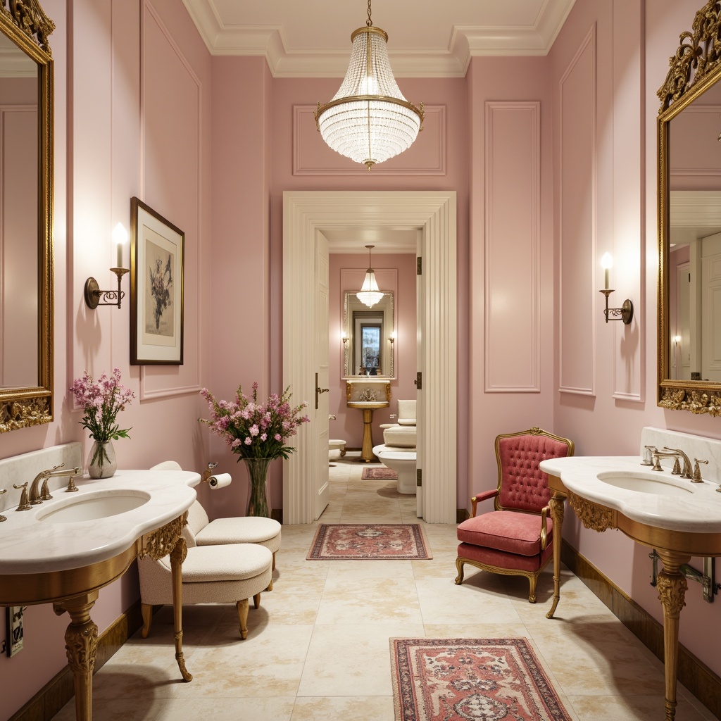 Prompt: Elegant powder room, soft pastel hues, pale pink walls, creamy white marble countertops, ornate gold accents, delicate floral patterns, velvet upholstered chairs, crystal chandeliers, plush area rugs, subtle sheen finishes, warm candlelight, shallow depth of field, 1/1 composition, intimate atmosphere, luxurious textiles, antique furniture pieces.