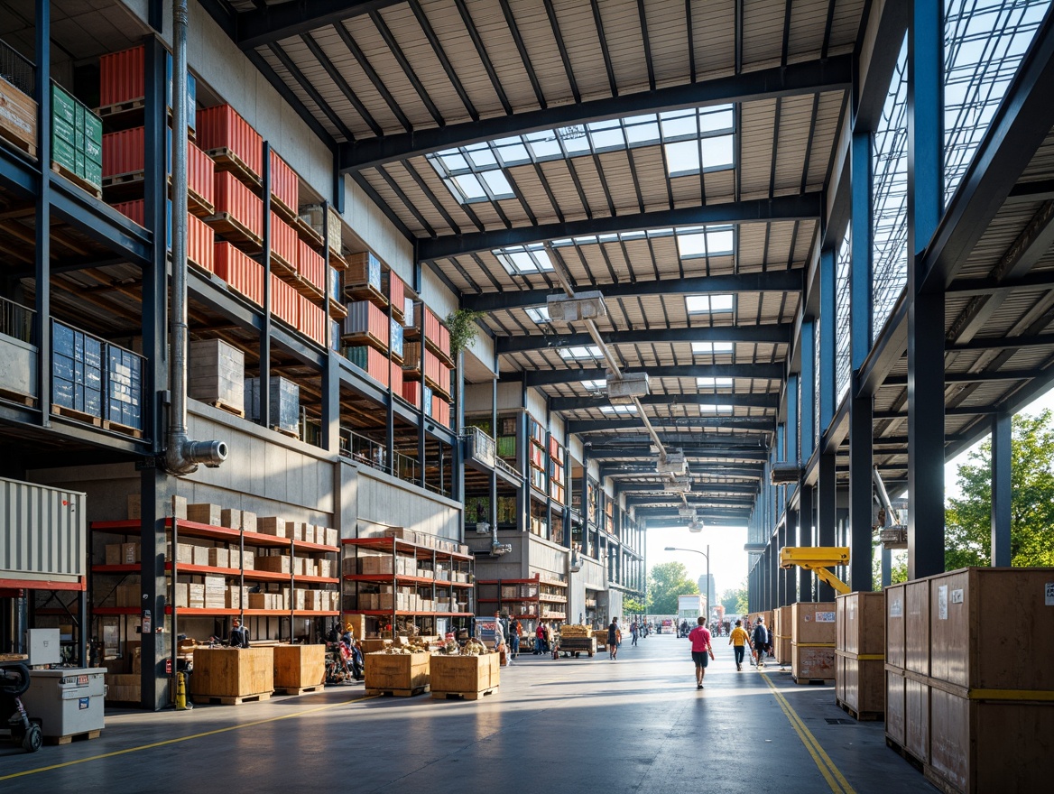 Prompt: Functional distribution center, modern industrial architecture, steel beam structures, concrete floors, high ceilings, natural light, overhead cranes, storage racks, shelving systems, loading docks, cargo elevators, shipping containers, vibrant color schemes, urban landscape, busy streets, morning sunlight, shallow depth of field, 3/4 composition, realistic textures, ambient occlusion.