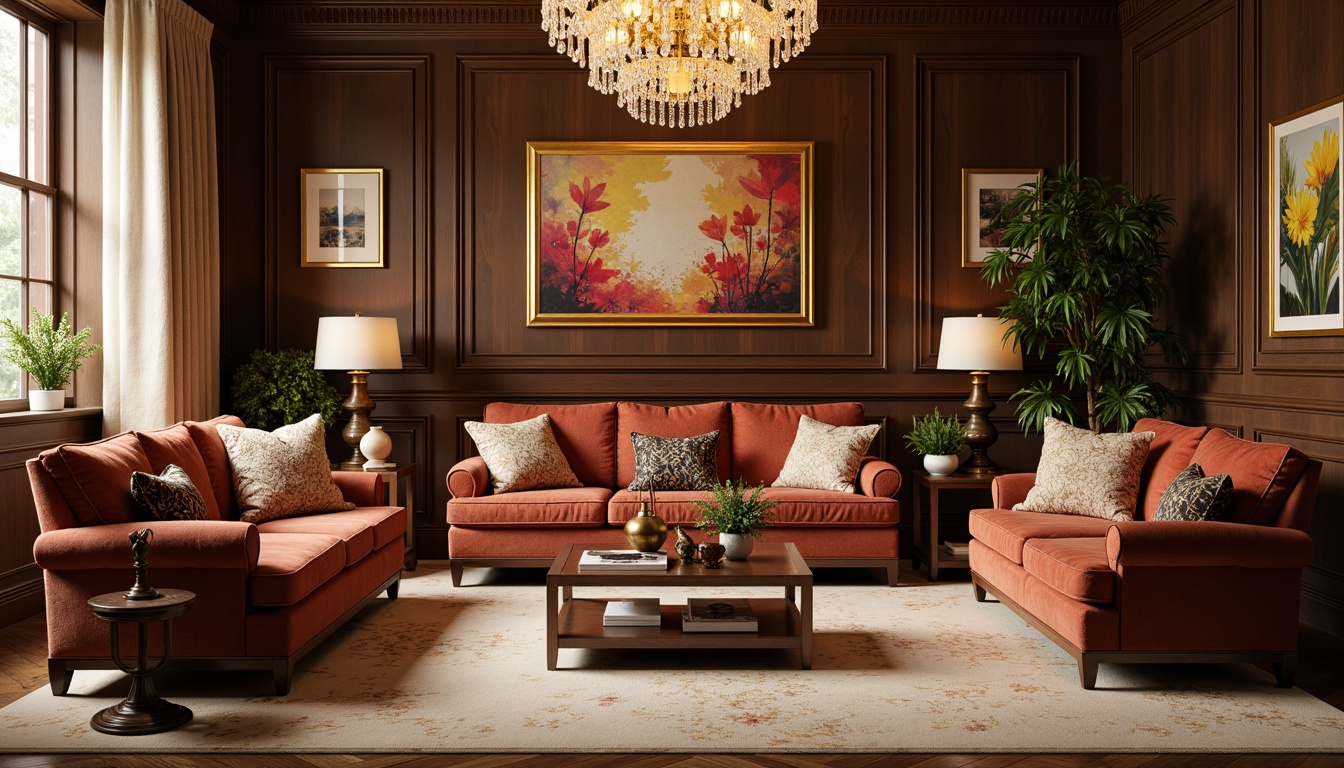 Prompt: Luxurious living room, plush velvet sofas, ornate golden frames, crystal chandeliers, rich wood paneling, soft cream carpets, vibrant abstract artwork, decorative vases, metallic accents, ambient warm lighting, 1/1 composition, shallow depth of field, realistic textures, cozy atmosphere, intimate settings.