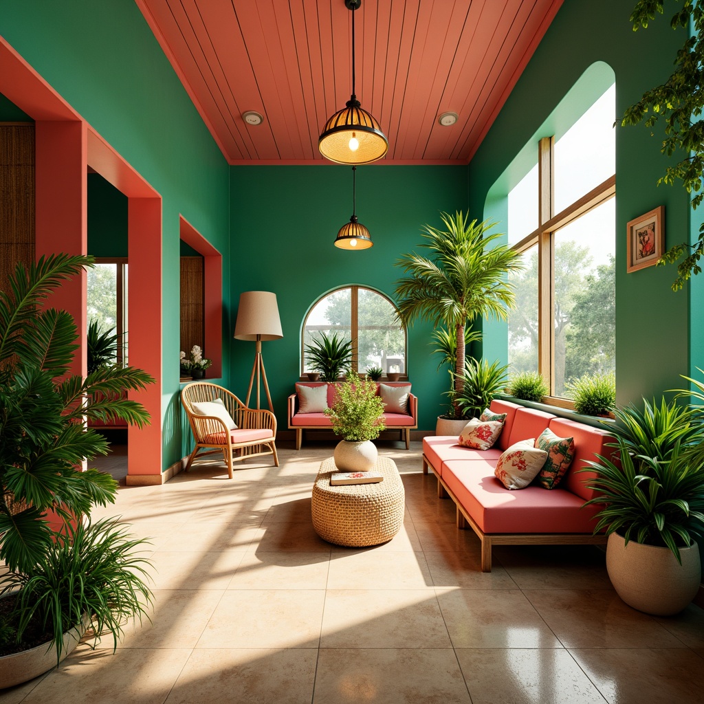 Prompt: Vibrant tropical interior, lush green walls, bold coral accents, warm sandy beige floors, exotic wooden furniture, natural rattan textures, colorful floral patterns, bright turquoise decorative accessories, sunny yellow ceiling lights, soft pastel pink hues, misty atmospheric effects, shallow depth of field, 1/1 composition, warm and inviting ambiance.