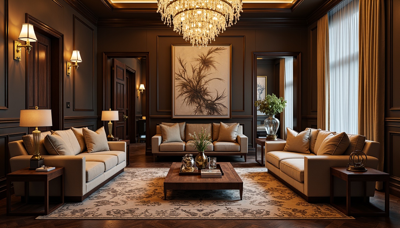 Prompt: Elegant living room, ornate chandeliers, plush velvet sofas, carved wooden furniture, luxurious silk curtains, intricate patterned rugs, statement wall art, modern abstract sculptures, gleaming metallic accents, warm ambient lighting, 1/1 composition, shallow depth of field, soft focus effect, realistic textures, ambient occlusion.