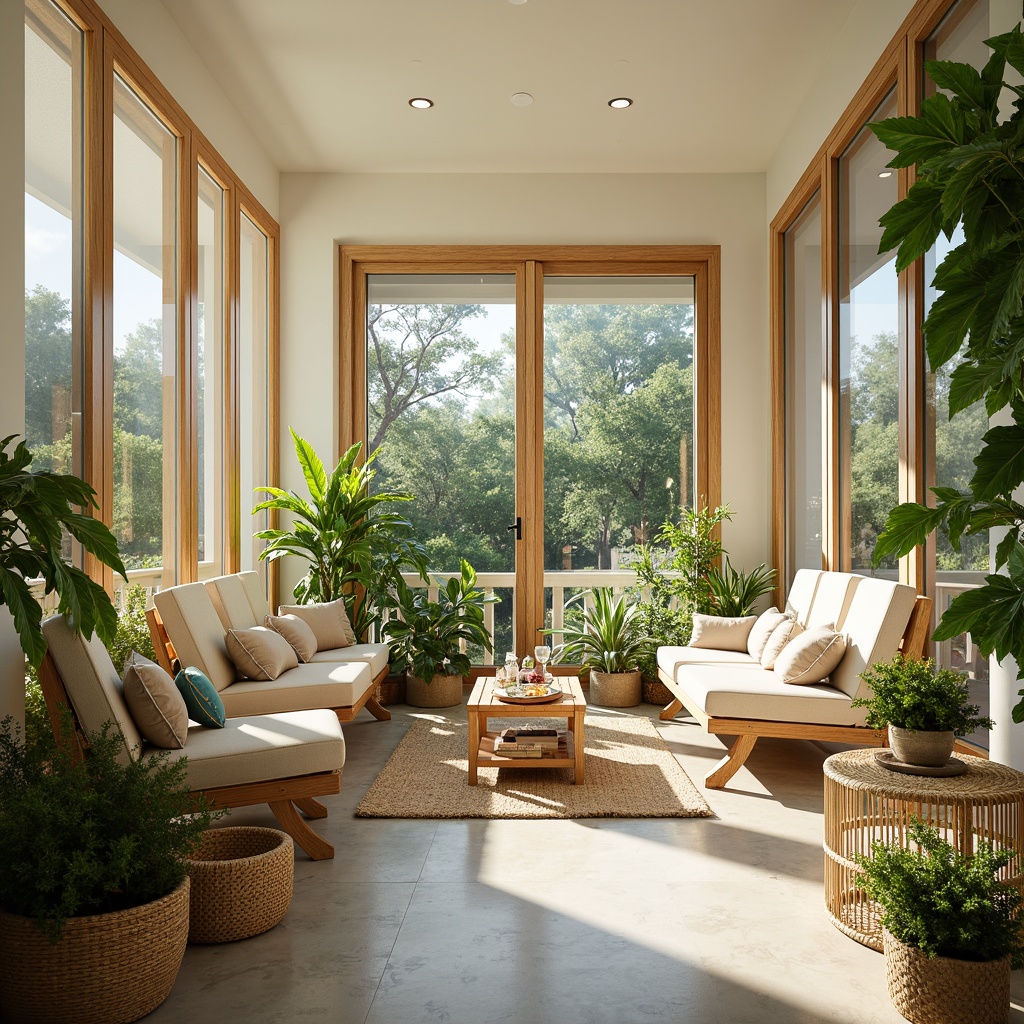 Prompt: Vibrant sunroom, warm natural light, soft pastel hues, creamy whites, gentle blues, sunny yellows, lush greenery, wooden accents, rattan furniture, woven textiles, tropical plants, potted flowers, glass doors, sliding windows, modern minimalist design, airy atmosphere, calming ambiance, soft focus, shallow depth of field, 1/1 composition, warm color grading, realistic textures, subtle ambient occlusion.