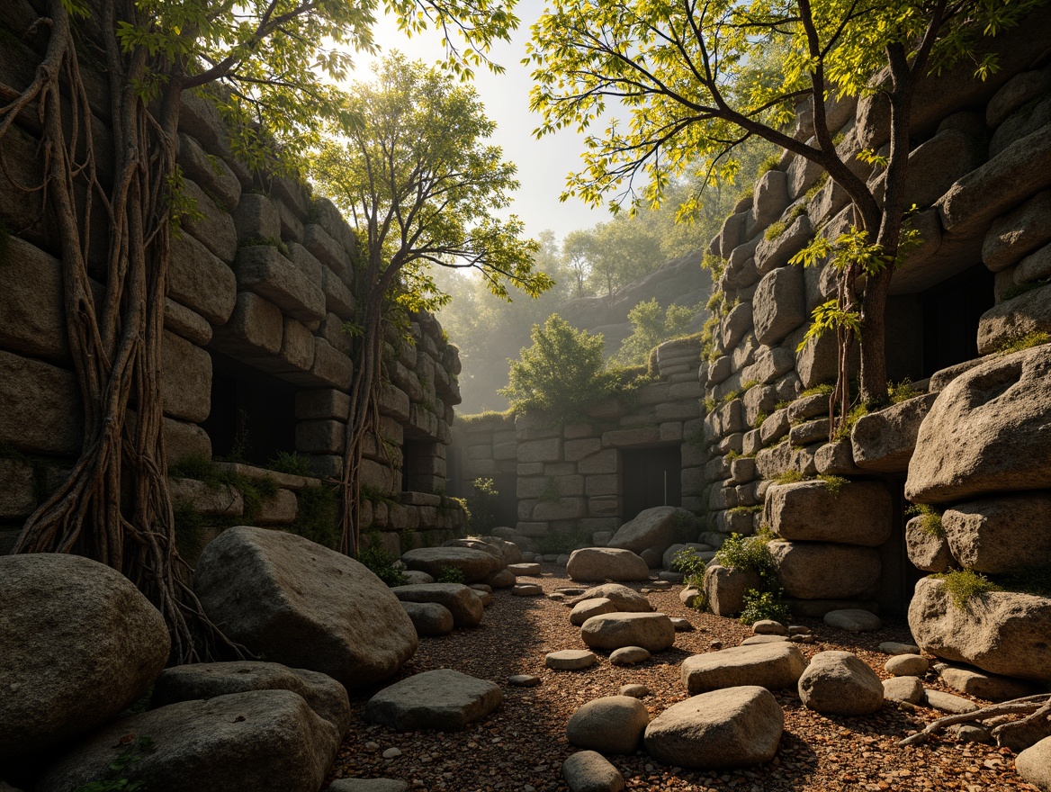 Prompt: Rugged mountainous terrain, weathered stone walls, moss-covered boulders, ancient tree roots, gnarled branches, misty atmosphere, warm golden lighting, subtle camera movements, shallow depth of field, 2/3 composition, dramatic shadows, realistic textures, ambient occlusion, intricate rock formations, earthy color palette, natural landscape, serene ambiance.