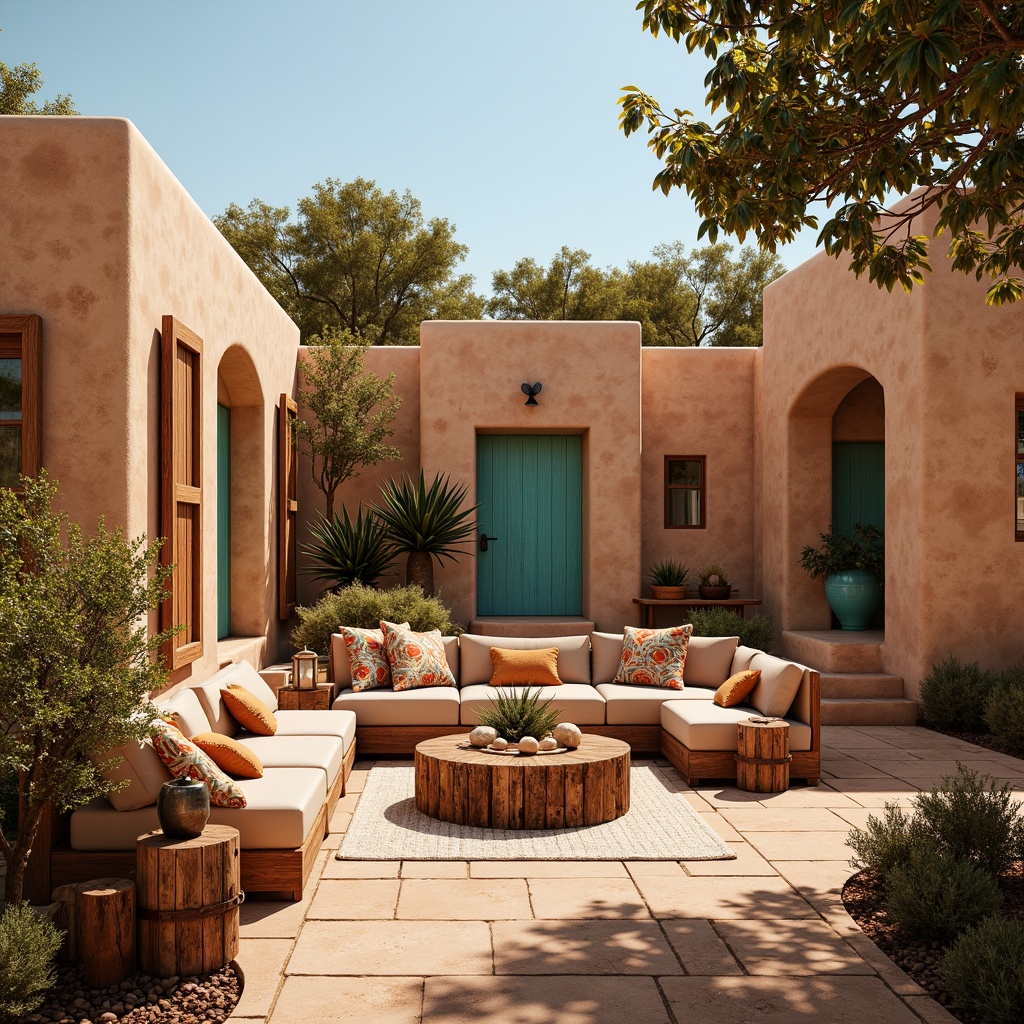 Prompt: Earthy adobe huts, warm terracotta tones, turquoise accents, sandy beige walls, rich wood furniture, woven textiles, vibrant Native American patterns, natural stone floors, rustic metal decor, desert botanicals, cacti plants, sun-kissed day, soft golden lighting, shallow depth of field, 1/1 composition, realistic textures, ambient occlusion.