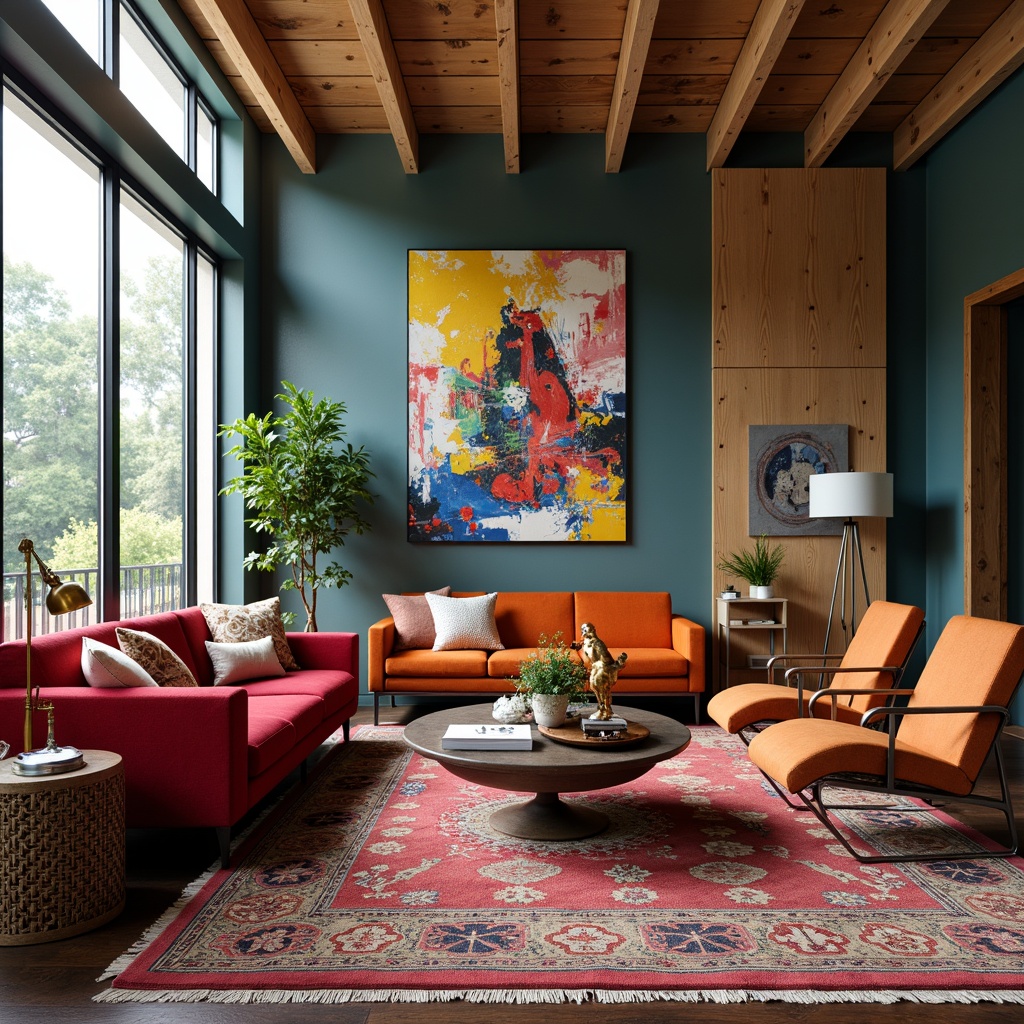 Prompt: Vibrant family room, expressionist artwork, bold color palette, eclectic furniture mix, plush velvet sofas, wooden accent chairs, geometric patterned rugs, ornate metal coffee tables, sculptural floor lamps, textured throw pillows, abstract wall decor, oversized windows, natural light pouring in, warm cozy atmosphere, soft focus lighting, 1/1 composition, intimate setting, realistic fabric textures.