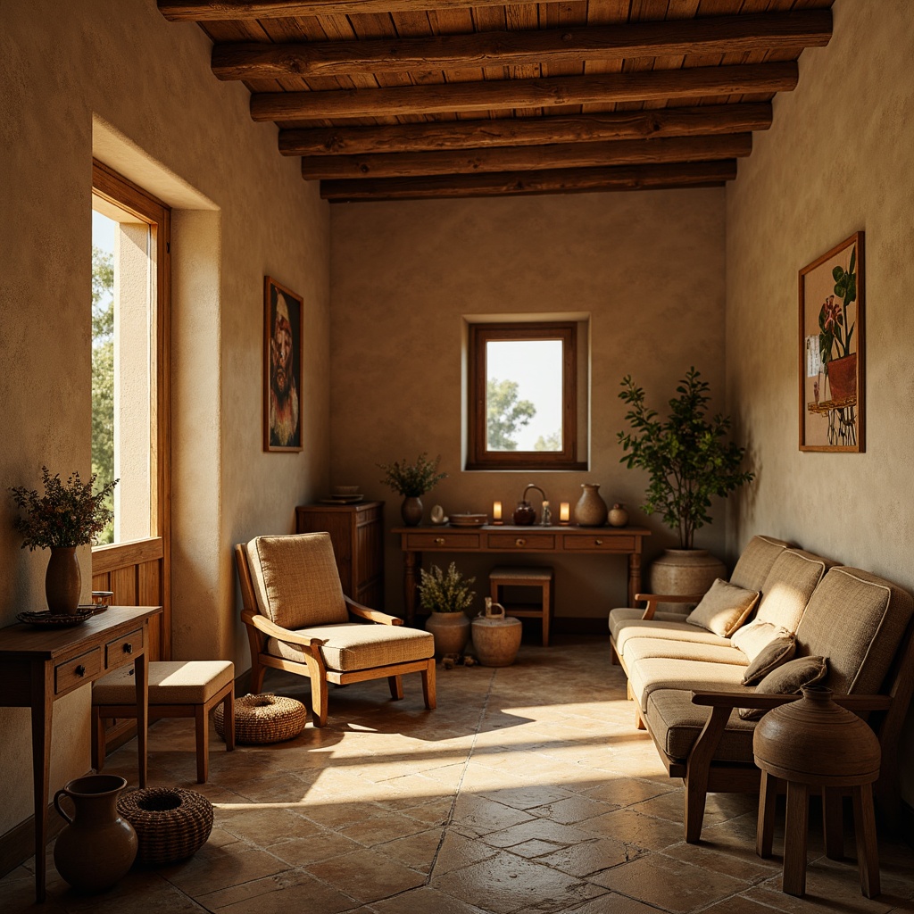 Prompt: Earthy vernacular interior, warm beige walls, natural stone floors, rustic wooden furniture, vintage textiles, woven baskets, clay pottery, soft candlelight, cozy atmosphere, warm golden lighting, shallow depth of field, 1/1 composition, intimate setting, realistic textures, ambient occlusion.