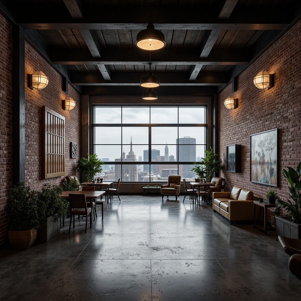 Prompt: Exposed brick walls, metal beams, polished concrete floors, industrial-style lighting fixtures, reclaimed wood accents, distressed metal decorations, urban cityscape views, overcast sky, dramatic shadows, high-contrast lighting, 1/1 composition, symmetrical framing, monochromatic color scheme, rugged textures, ambient occlusion.