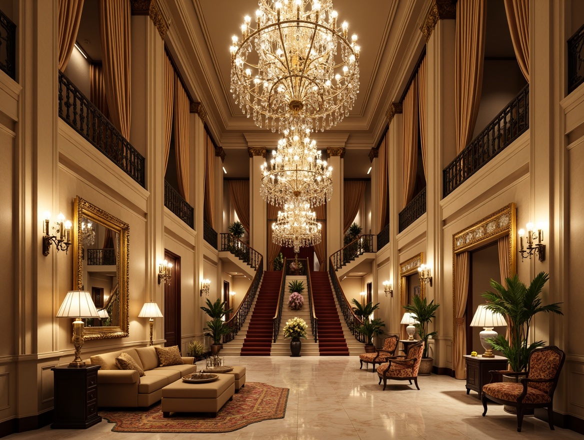 Prompt: Opulent great room, lavish chandeliers, crystal droplets, golden accents, ornate mirrors, velvet drapes, marble floors, grand staircase, intricate moldings, soft warm lighting, warm beige tones, subtle shadows, dramatic highlights, candelabras, sconces, floor lamps, table lamps, layered lighting, ambient glow, focal points, 3/4 composition, symmetrical framing, ornate details, rich textures.