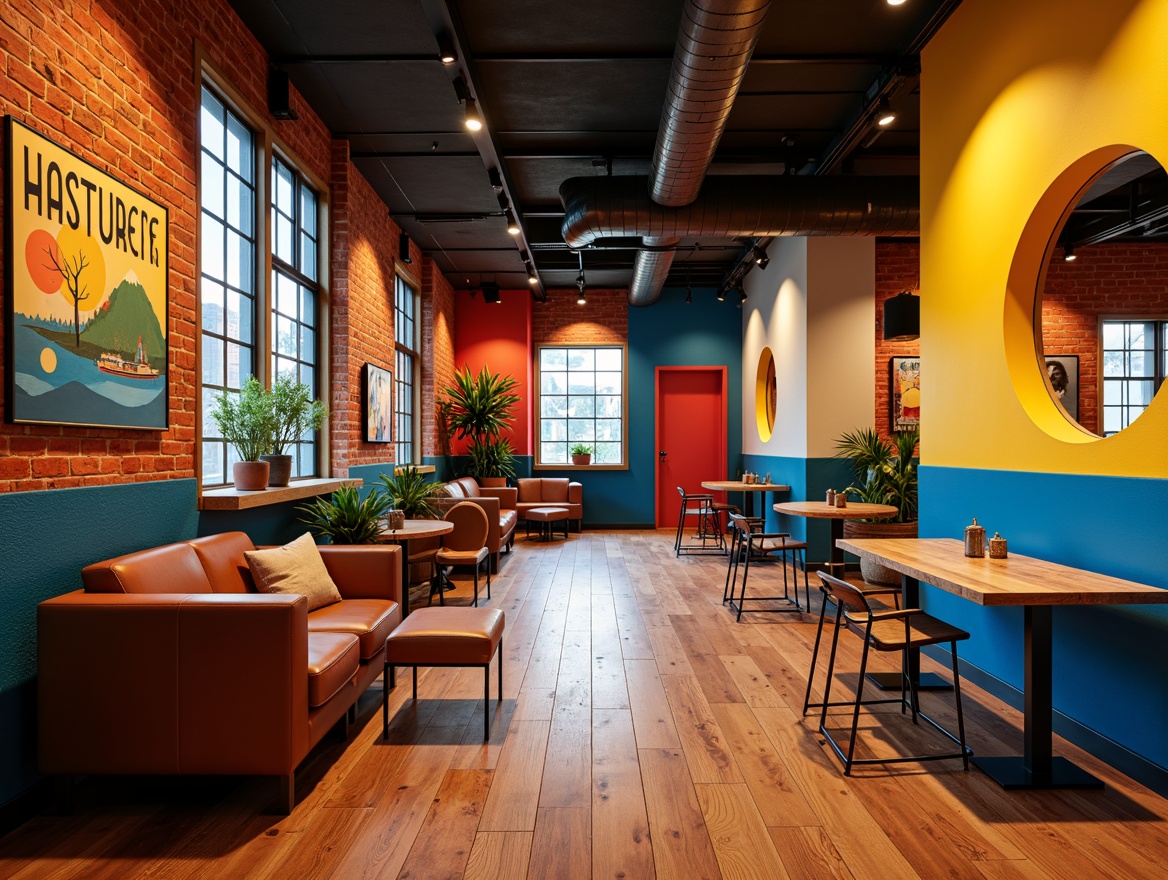 Prompt: Vibrant modern interior, bold geometric shapes, primary color accents, industrial materials, exposed brick walls, metal beams, wooden floors, minimalist decor, functional furniture, tubular steel chairs, leather upholstery, rich textiles, warm ambient lighting, soft diffused shadows, 1/1 composition, symmetrical framing, high contrast colors, monochromatic backgrounds, bold typography, abstract patterns.