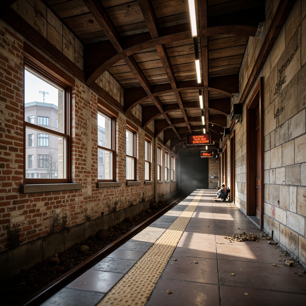 Prompt: Rustic metro station, exposed brick walls, distressed concrete textures, reclaimed wood accents, industrial metal beams, vintage signage, earthy color palette, warm ambient lighting, shallow depth of field, 1/2 composition, realistic reflections, atmospheric fog effects, rough-hewn stone floors, oxidized metal details, urban cityscape views, morning rush hour atmosphere, soft natural light, subtle camera movement.