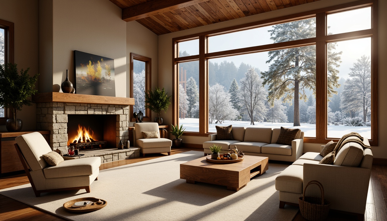 Prompt: Warm great room ambiance, crackling fireplace, rustic stone surround, wooden mantel, comfortable couches, plush throw blankets, warm beige walls, soft cream-colored carpet, natural wood flooring, large windows, snow-covered trees, winter scenery, afternoon sunlight, golden hour lighting, shallow depth of field, 1/1 composition, realistic textures, ambient occlusion.