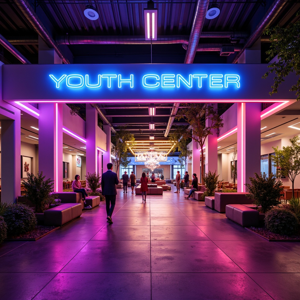 Prompt: Vibrant youth center, neon-lit entrance, glowing signage, LED strip lights, color-changing ceiling fixtures, warm ambiance, cozy lounge areas, dynamic stage lighting, floor-to-ceiling windows, natural daylight, sunny afternoon, softbox diffusers, 1/2 composition, shallow depth of field, realistic textures, ambient occlusion.