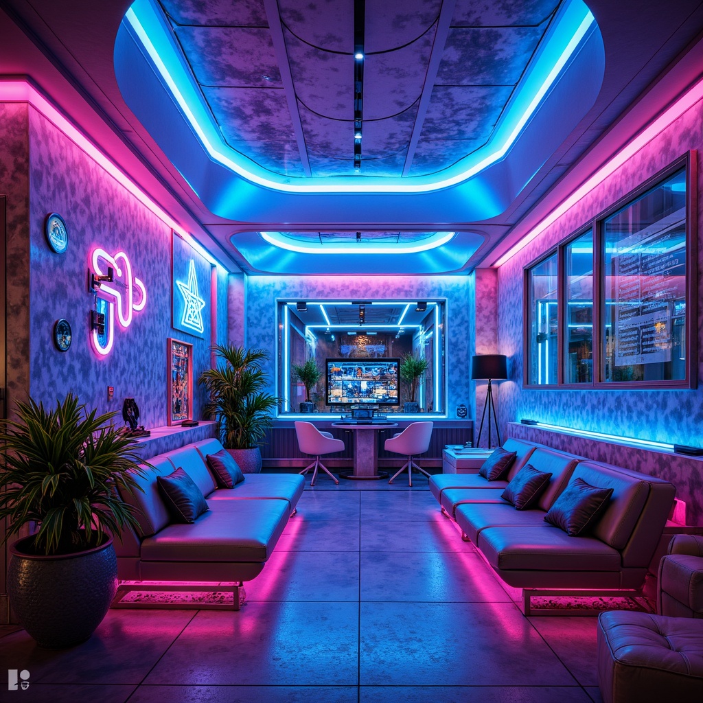 Prompt: Neon-lit futuristic nook, iridescent colors, holographic accents, metallic sheen, electric blue walls, luminescent ceiling, cyberpunk-inspired furniture, neon tubes, LED lights, sleek lines, minimalist decor, high-tech gadgets, virtual reality displays, abstract geometric patterns, vibrant pink accents, chrome-plated details, ambient glow, shallow depth of field, 1/1 composition, soft focus, futuristic ambiance.