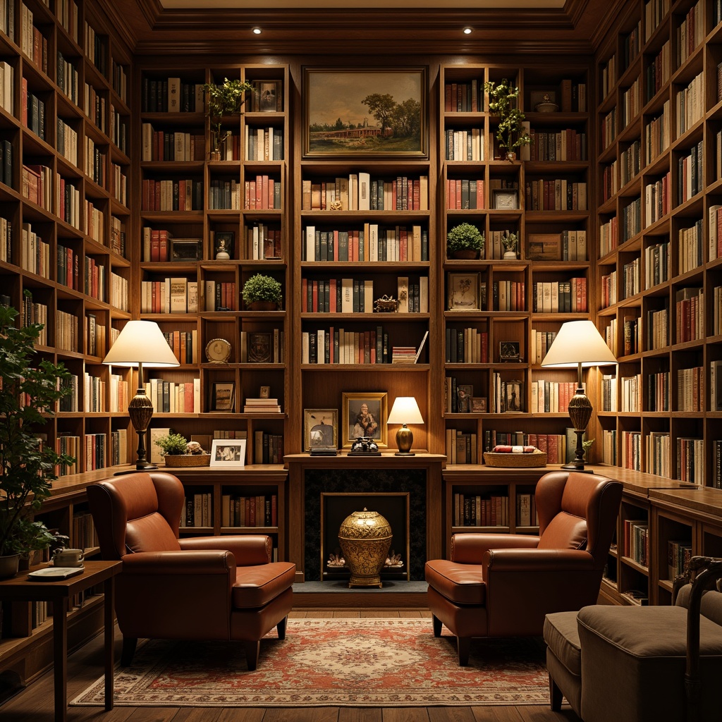 Prompt: Cozy traditional bookstore, rich wooden shelving, ladder bookcases, vintage reading lamps, comfortable leather armchairs, warm beige walls, classic novels, antique bookbinding, ornate metalwork, rustic wood flooring, soft warm lighting, shallow depth of field, 1/2 composition, intimate atmosphere, realistic textures, ambient occlusion.