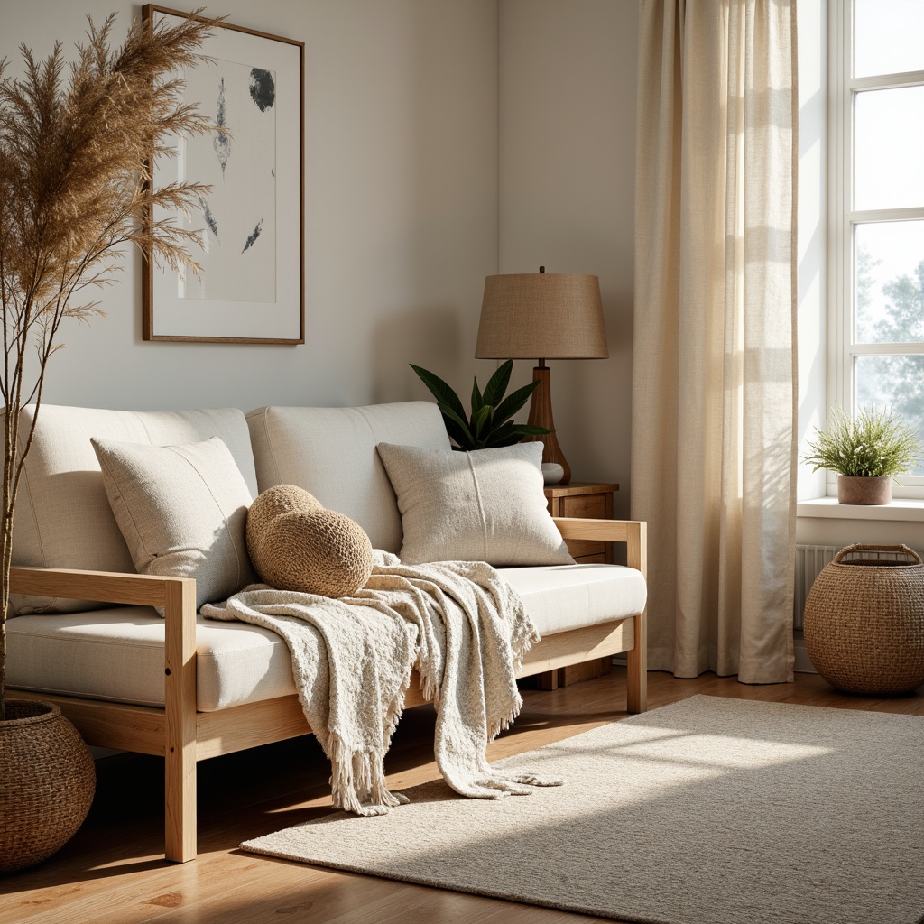 Prompt: Natural fabrics, organic textures, woven wool blankets, linen upholstery, minimalist patterns, subtle color palette, earthy tones, wooden accents, Nordic-inspired motifs, cozy atmosphere, soft warm lighting, 1/1 composition, realistic materials, ambient occlusion.