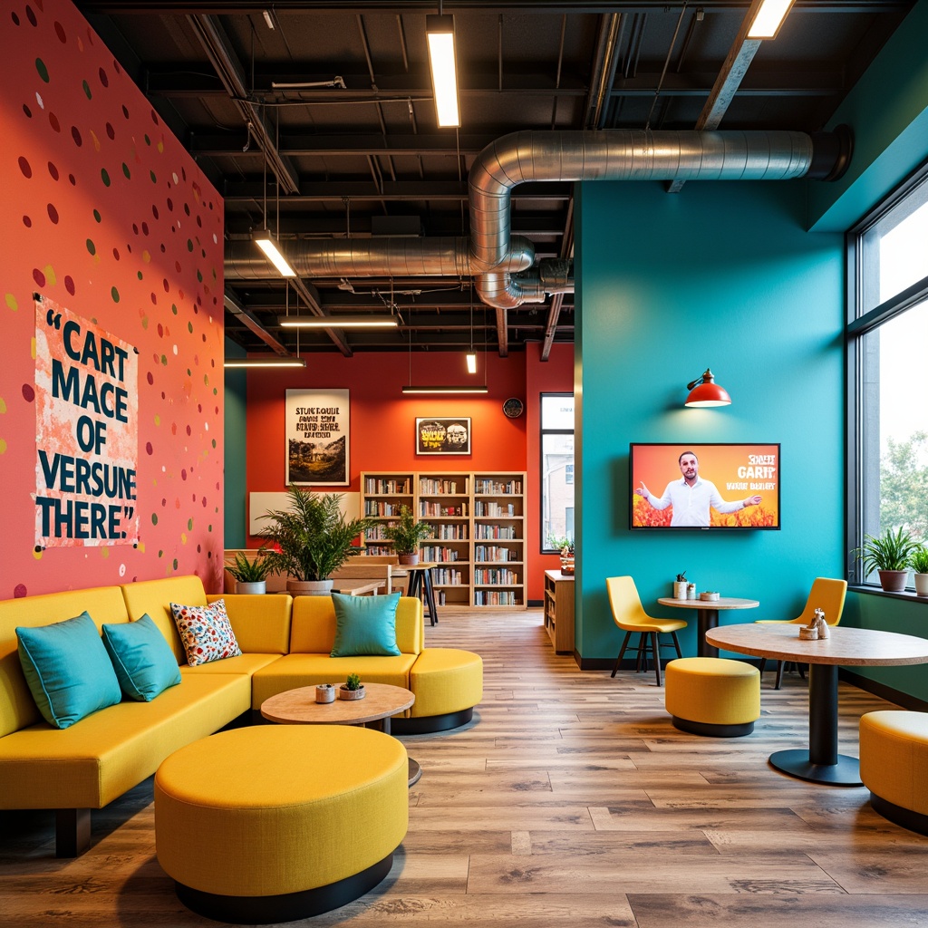 Prompt: Vibrant youth center, energetic color scheme, bright coral walls, turquoise accents, sunny yellow furniture, playful polka dots, dynamic geometric patterns, modern minimalist decor, industrial-chic metal beams, exposed ductwork, reclaimed wood floors, cozy reading nooks, flexible seating areas, collaborative workspaces, inspirational quotes, motivational posters, fun neon signs, lively atmosphere, warm soft lighting, shallow depth of field, 3/4 composition, realistic textures, ambient occlusion.