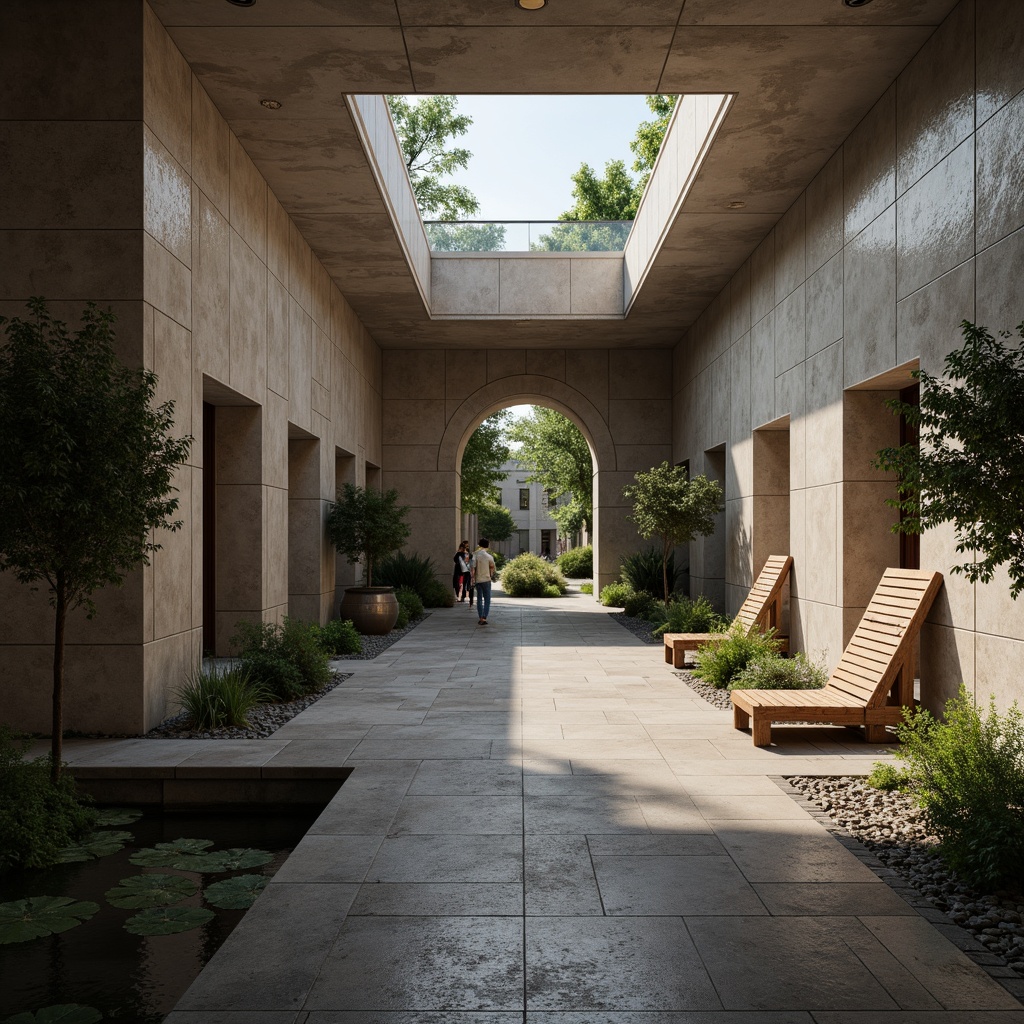 Prompt: Solemn memorial center, muted color scheme, earthy tones, weathered stone walls, somber gray flooring, wooden accents, subtle bronze details, calming greenery, gentle water features, natural light pouring, soft warm ambiance, 1/2 composition, intimate atmosphere, realistic textures, ambient occlusion.