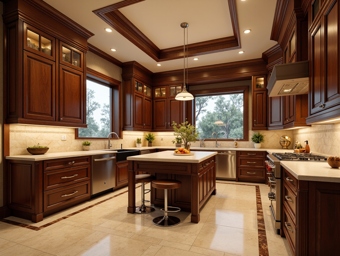 Prompt: Elegant kitchen, rich wood tones, ornate cabinetry, stylish hardware, classic crown molding, soft warm lighting, creamy marble countertops, traditional academic style, luxurious fixtures, polished chrome accents, spacious center island, built-in appliances, refined architectural details, sophisticated color palette, subtle textures, shallow depth of field, 1/2 composition, realistic reflections.