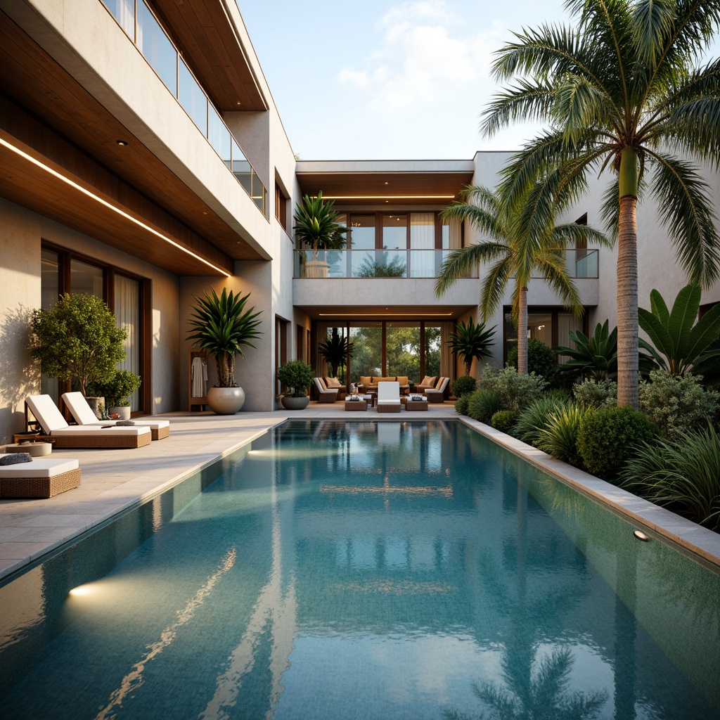 Prompt: Luxurious swimming pool, bronze accents, elegant water features, modern architecture, sleek lines, natural stone surrounds, glass tile mosaics, ambient lighting, warm golden tones, sun-kissed deck, comfortable lounge chairs, refreshing tropical plants, calm serene atmosphere, shallow depth of field, 1/1 composition, realistic reflections, soft focus blur.