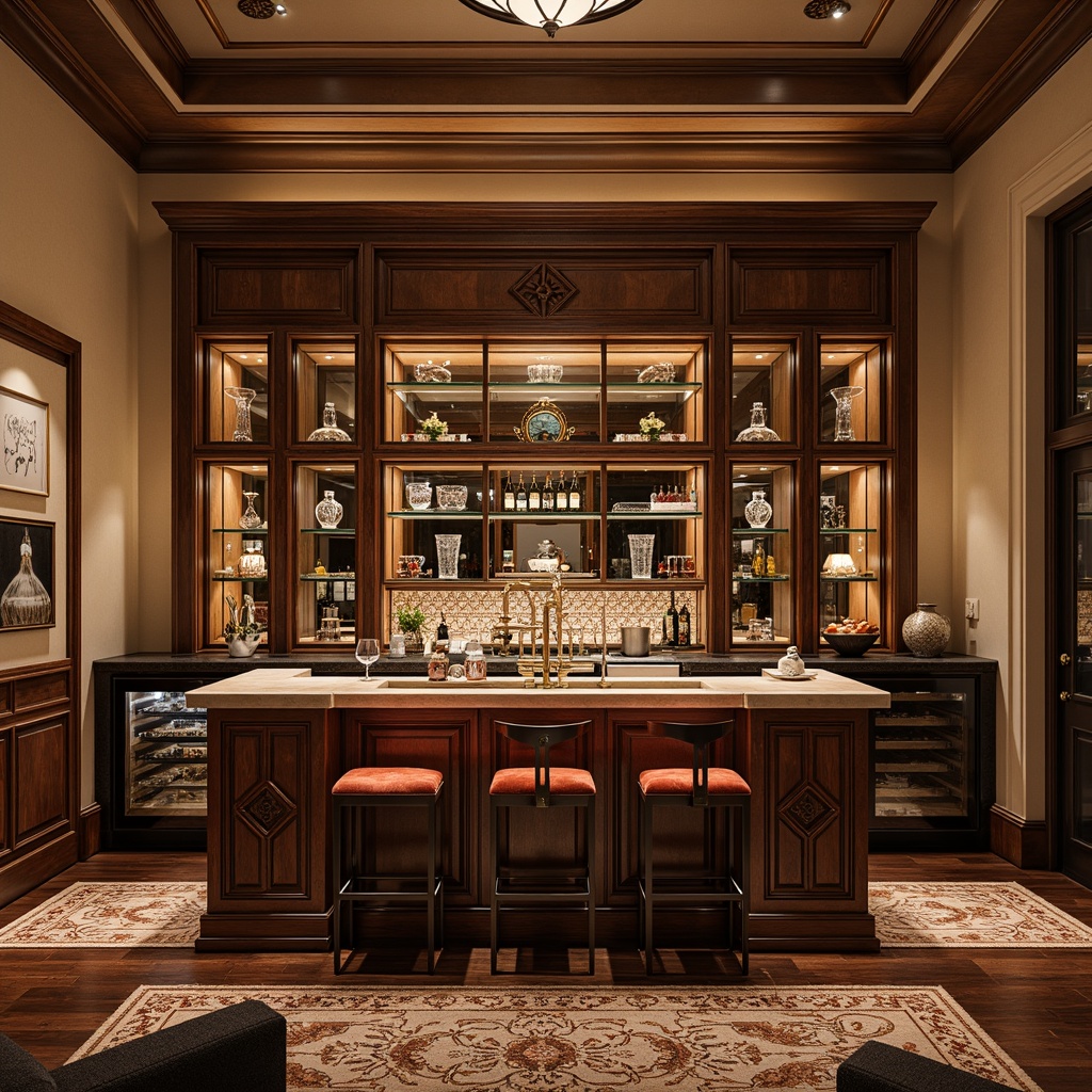 Prompt: Luxurious home bar, rich wood cabinetry, metallic hardware, ambient backlighting, glass shelves, ornate mirrors, crystal decanters, velvet upholstered stools, patterned rugs, warm beige walls, dimmable lighting, sleek countertops, built-in wine coolers, chrome accents, decorative trimwork, geometric tile backsplashes, urban loft atmosphere, sophisticated entertaining space, intimate seating areas, dramatic ceiling fixtures.