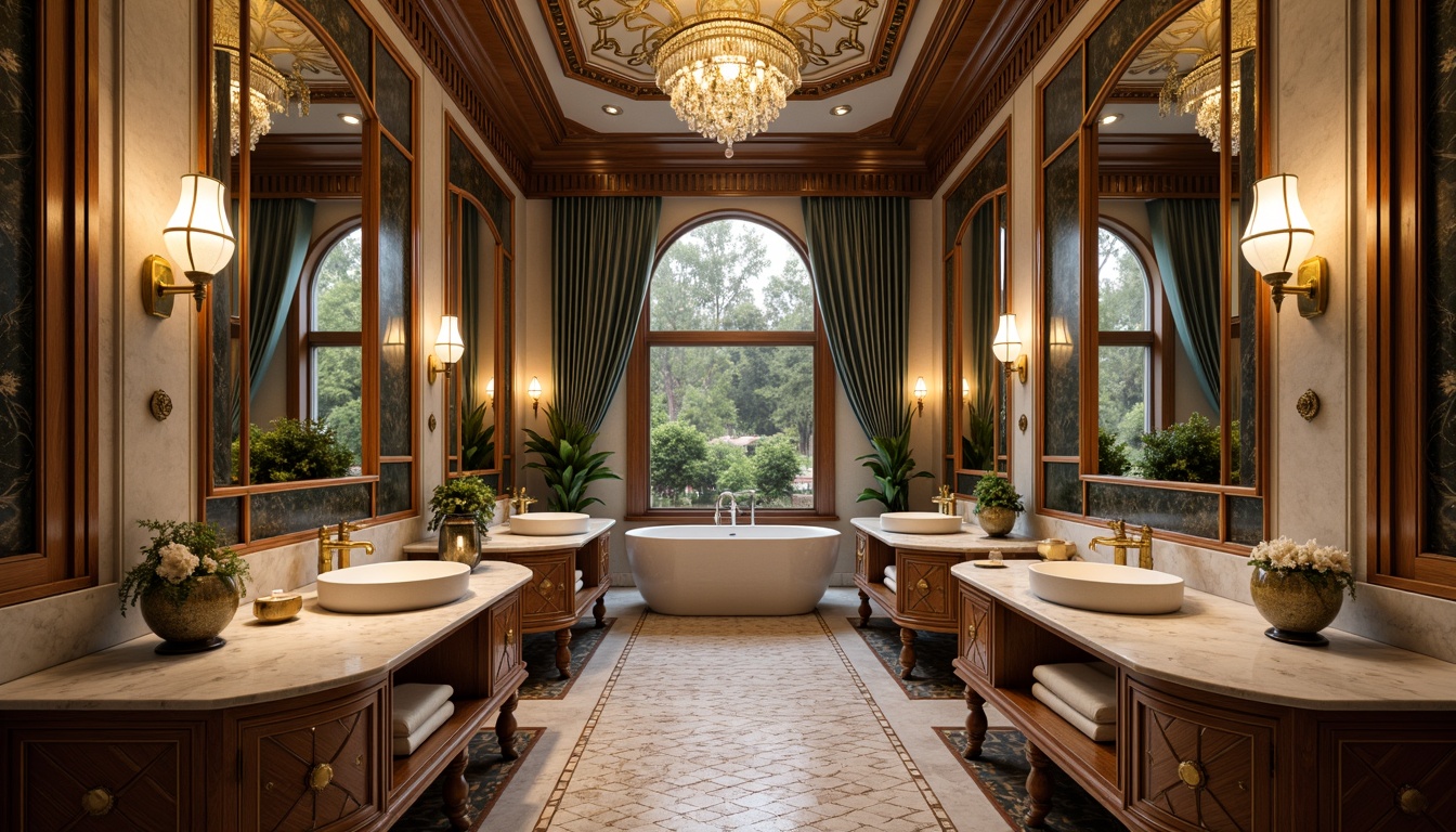 Prompt: Luxurious Art Deco bathroom, marble countertops, hexagonal tiles, metallic accents, ornate mirrors, geometric patterns, velvet drapes, crystal chandeliers, golden fixtures, ornamental sconces, lavish textiles, intricate mosaics, rich wood cabinetry, polished chrome hardware, sunken tubs, rainfall showerheads, warm ambient lighting, shallow depth of field, 1/1 composition, soft focus blur.