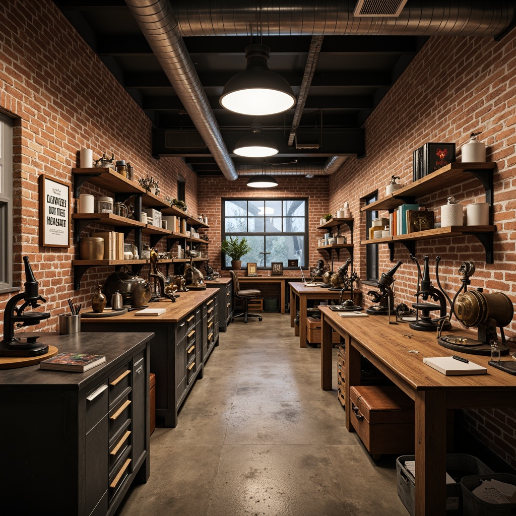 Prompt: Industrial laboratory setting, wooden workbenches, metal tool cabinets, vintage scientific equipment, distressed brick walls, exposed ductwork, warm task lighting, natural wood accents, leather-bound notebooks, antique microscopes, ornate clockwork machinery, reclaimed wood shelving, earthy color palette, soft diffused light, shallow depth of field, 1/2 composition, realistic textures, ambient occlusion.