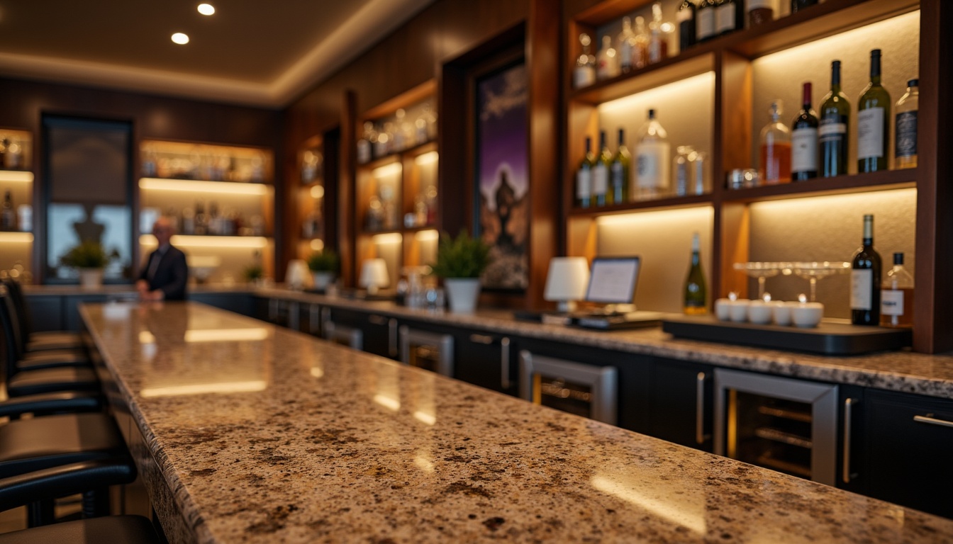 Prompt: Luxurious bar design, polished granite countertops, rich earthy tones, flecked patterns, glossy finish, commercial-grade durability, heat-resistant surface, stylish beverage stations, modern cabinetry, metallic accents, ambient lighting, shallow depth of field, 1/2 composition, realistic textures, warm color palette, cozy atmosphere.