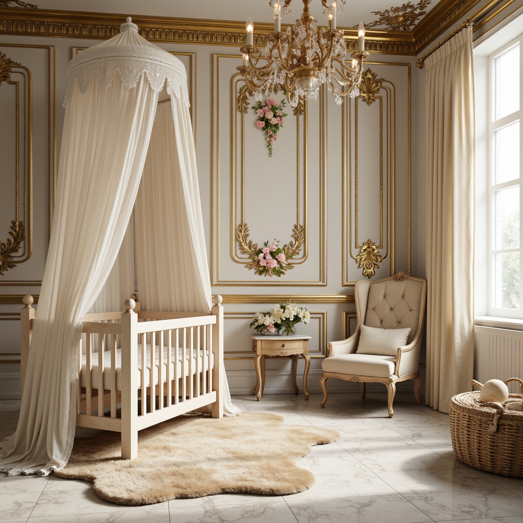 Prompt: Soft cream fabrics, gentle lace trimmings, ornate gold accents, delicate florals, vintage-inspired wallpapers, rich wood furniture, classic crib designs, plush area rugs, creamy marble floors, elegant chandeliers, warm softbox lighting, 1/1 composition, intimate atmosphere, subtle texture overlays, realistic fabric simulations.