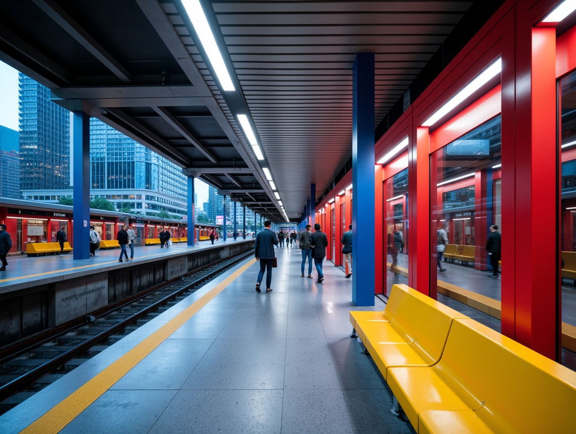 Prompt: Vibrant metro station, modern architecture, sleek lines, stainless steel surfaces, LED lighting, bold color accents, bright yellow seats, deep blue columns, red glass walls, urban cityscape views, rush hour atmosphere, dynamic pedestrian flow, geometric patterns, metallic textures, softbox lighting, 1/2 composition, realistic reflections.