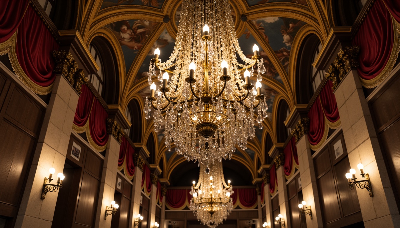 Prompt: Ornate chandeliers, grand crystal drops, intricately carved wooden sconces, bronze lanterns, golden accents, rich velvet drapes, majestic stone columns, ornamental frescoes, classical arches, warm candlelight, soft warm glow, ambient shadows, Renaissance-inspired patterns, elegant curves, luxurious fabrics, opulent decorations, dramatic high ceilings, lavish ornamentation.