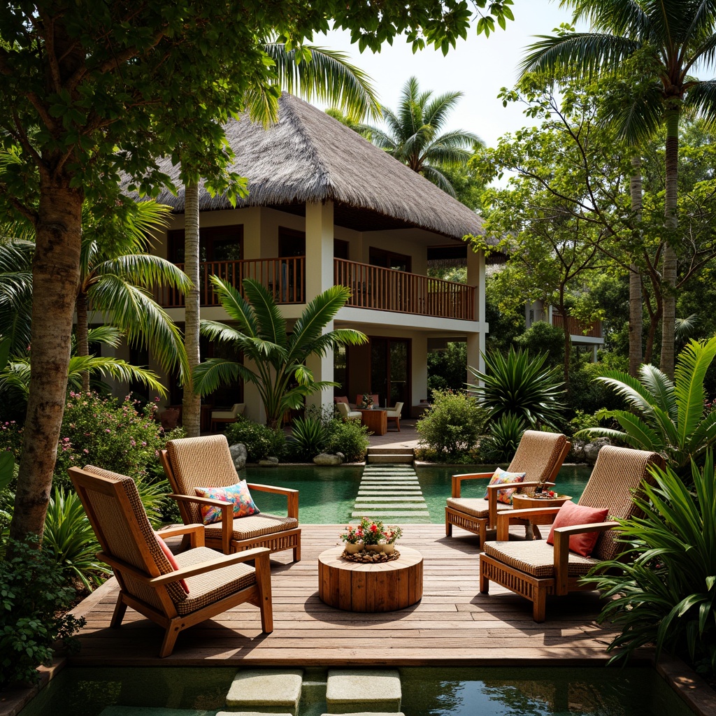 Prompt: Vibrant tropical villa, lush green foliage, exotic flowers, woven rattan furniture, natural fiber textiles, colorful tribal patterns, bamboo accents, reclaimed wood decks, thatched roofs, earthy tone color palette, warm ambient lighting, shallow depth of field, 1/1 composition, intimate atmosphere, realistic textures, subtle ambient occlusion.