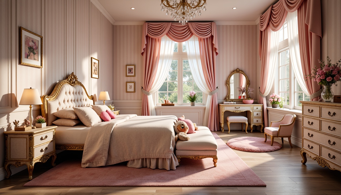 Prompt: Whimsical kids' bedroom, ornate Rococo style furniture, curved lines, gold leaf accents, soft pastel colors, delicate florals, velvet drapes, intricate carvings, luxurious fabrics, tufted headboards, crystal chandeliers, plush area rugs, feminine vanity tables, antique-inspired accessories, warm candlelight, shallow depth of field, 1/1 composition, romantic ambiance, detailed textures, subtle glow.