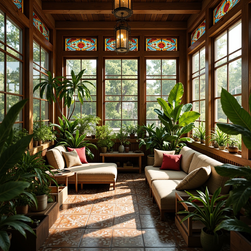 Prompt: Vibrant sunroom, lush greenery, exotic plants, ornate wooden frames, stained glass windows, colorful tiles, eclectic decorative accents, plush furnishings, soft cushions, natural textiles, warm golden lighting, shallow depth of field, 1/1 composition, intimate atmosphere, whimsical patterns, intricate mosaics, rustic wooden beams, distressed finishes, bohemian-inspired decor, cozy reading nooks, inviting ambiance.