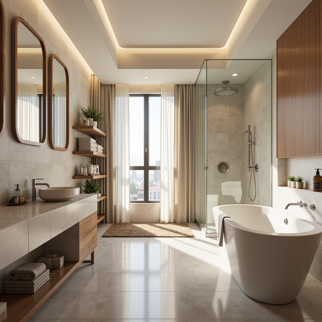 Prompt: Soft, warm bathroom ambiance, creamy whites, calming grays, rich wood tones, natural stone textures, elegant marble countertops, polished chrome fixtures, modern freestanding tubs, spacious walk-in showers, frameless glass doors, LED lighting, subtle gradient effects, 3/4 composition, shallow depth of field, realistic reflections, ambient occlusion.