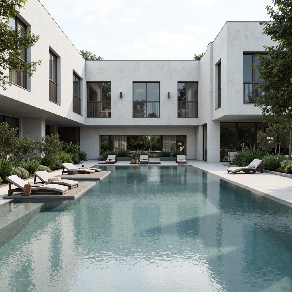 Prompt: Clean-lined swimming pool, rectangular shape, functional design, minimalist architecture, simple concrete structures, industrial materials, sparse greenery, calm water reflections, soft natural lighting, subtle shadows, 1/1 composition, shallow depth of field, realistic textures, ambient occlusion, geometric patterns, monochromatic color scheme, Bauhaus-inspired aesthetic.