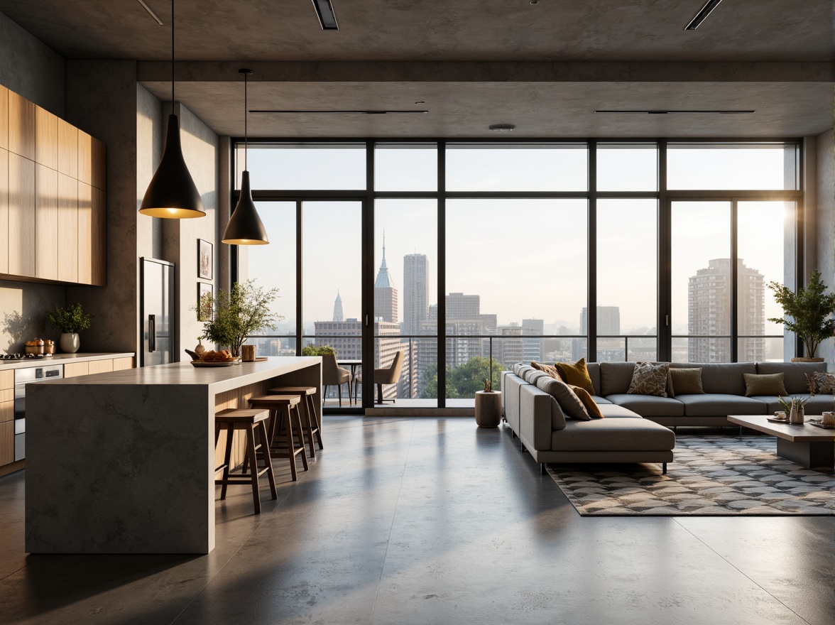 Prompt: Spacious open floor plan, modern apartment design, sleek lines, minimal ornamentation, polished concrete floors, floor-to-ceiling windows, sliding glass doors, natural light, airy atmosphere, built-in kitchen island, high-gloss cabinets, stainless steel appliances, comfortable living area, plush sectional sofa, geometric patterned rug, minimalist coffee table, urban city view, soft warm lighting, shallow depth of field, 2/3 composition, realistic textures, ambient occlusion.