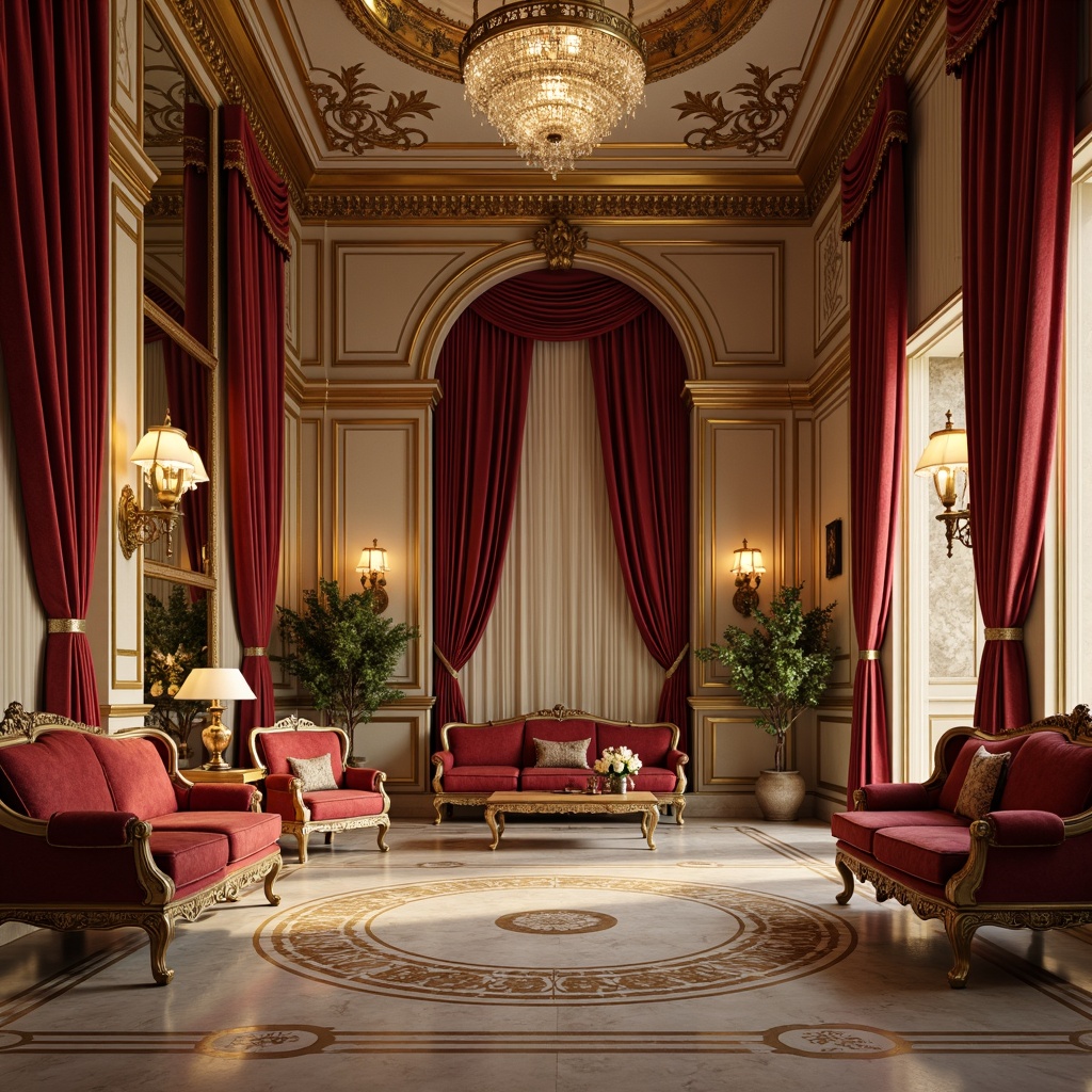 Prompt: Opulent Baroque interior, rich velvet drapes, ornate golden frames, intricate marble flooring, lavish crystal chandeliers, warm beige walls, soft cream accents, dramatic red upholstery, luxurious silk fabrics, gilded mirrors, carved wooden furniture, subtle bronze tones, warm candlelight, shallow depth of field, 1/1 composition, realistic textures, ambient occlusion.