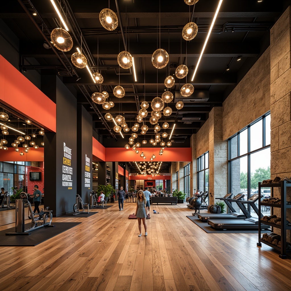 Prompt: Luxurious fitness studio, polished wooden floors, modern chandeliers, sleek mirrors, metallic equipment, vibrant color accents, motivational quotes, minimalist decor, natural stone walls, industrial-chic ceiling, dramatic lighting, 3/4 composition, shallow depth of field, realistic textures, ambient occlusion.