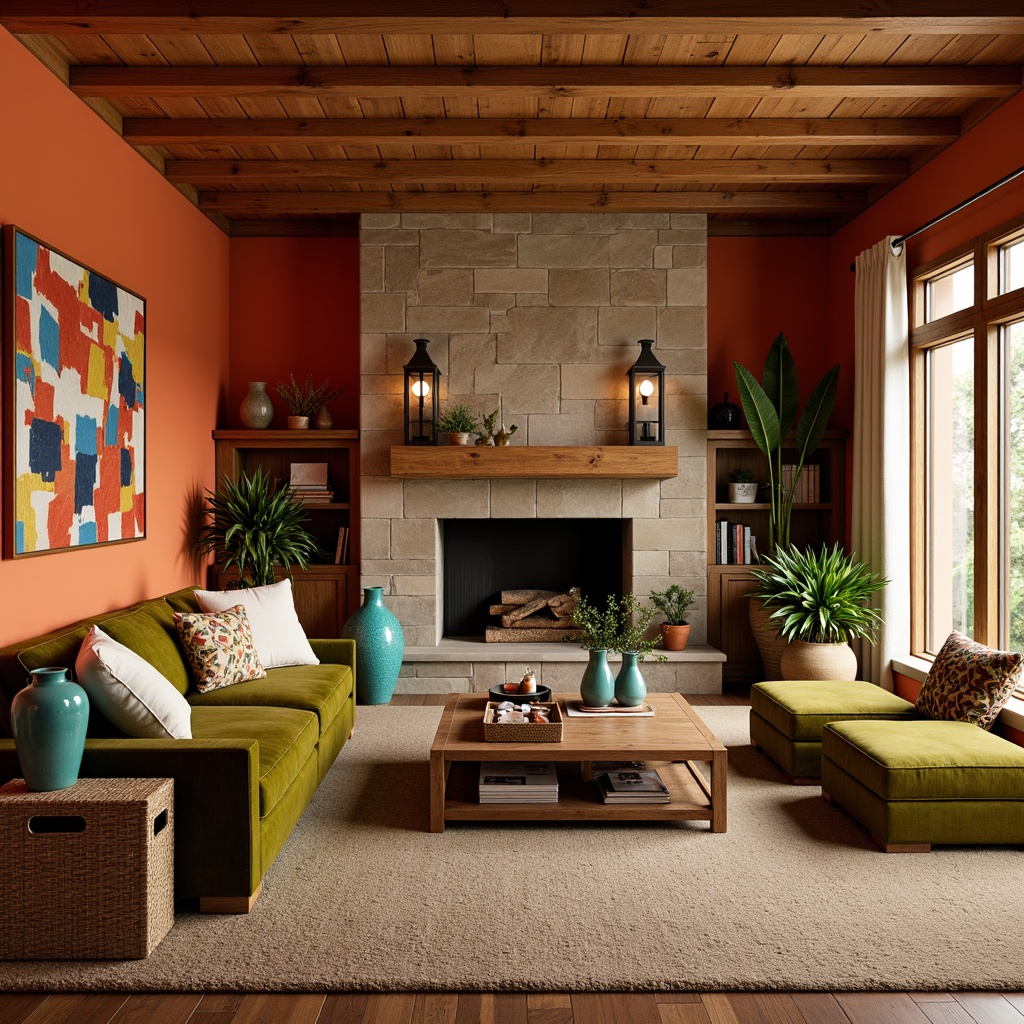 Prompt: Vibrant family room, warm earthy tones, rich wood accents, cozy textiles, plush furniture, bold geometric patterns, eclectic decorative objects, natural stone fireplace, soft golden lighting, shallow depth of field, 3/4 composition, panoramic view, realistic textures, ambient occlusion, burnt orange walls, moss green velvet sofa, turquoise vases, abstract expressionist artwork, distressed wood coffee table, woven basket storage, potted greenery, warm beige carpeting, rustic metal lanterns.