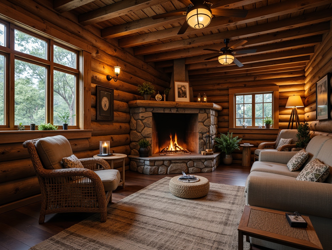 Prompt: Rustic wooden cabin, earthy tone walls, rough-hewn stone fireplaces, reclaimed wood floors, natural fiber rugs, woven wicker furniture, vintage metal accents, distressed leather upholstery, warm candlelight, soft warm lighting, shallow depth of field, 3/4 composition, realistic textures, ambient occlusion.