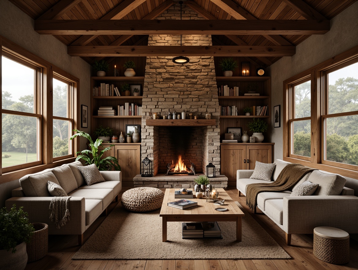 Prompt: Rustic farmhouse, vintage decor, distressed wood accents, natural stone walls, earthy color palette, warm candle lighting, traditional wooden beams, cozy reading nooks, plush throw blankets, antique metal lanterns, woven baskets, potted greenery, exposed brick fireplaces, soft morning light, shallow depth of field, 3/4 composition, realistic textures, ambient occlusion.