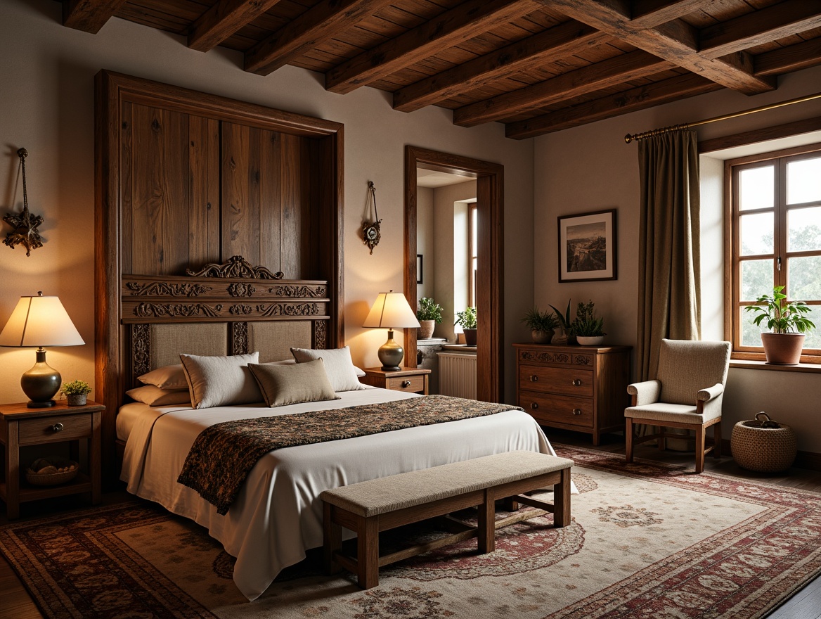 Prompt: Cozy bedroom, wooden furniture, rustic wood tones, handcrafted details, ornate carvings, wooden paneling, exposed beams, natural textures, earthy color palette, soft warm lighting, ambient shadows, shallow depth of field, 1/2 composition, intimate atmosphere, plush carpets, vintage decorative items, traditional craftsmanship, distressed finishes, reclaimed wood accents, woven baskets, natural fabrics, organic patterns.