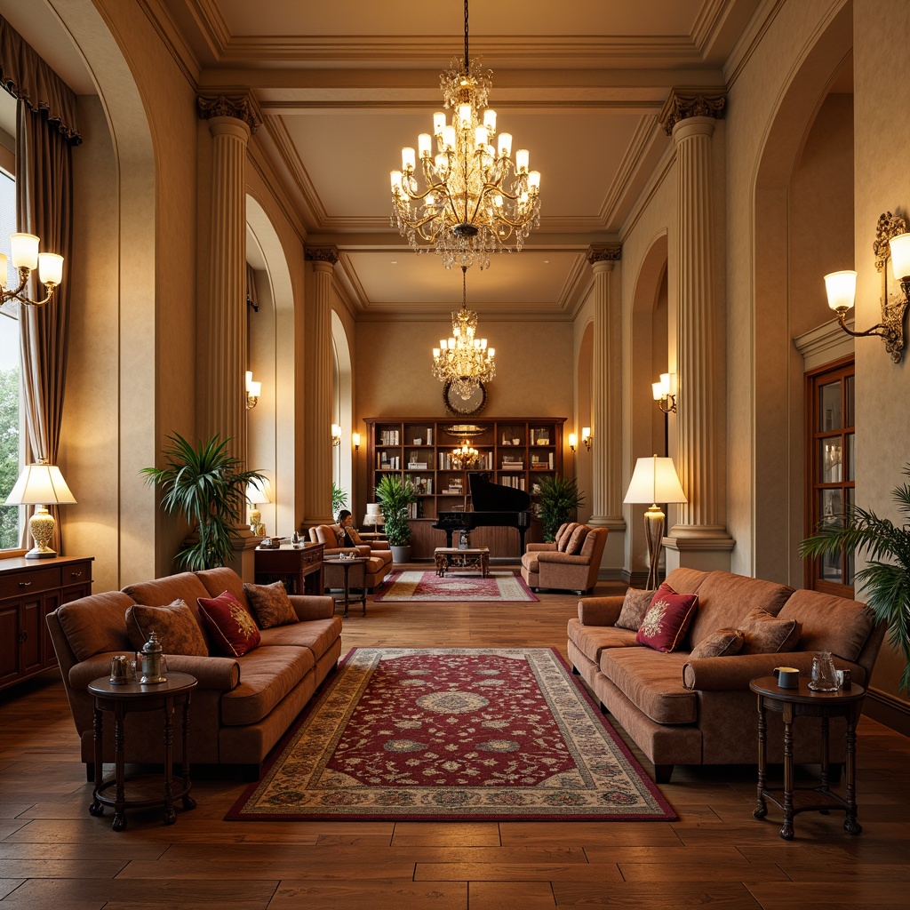 Prompt: Elegant student lounge, rich wooden flooring, ornate chandeliers, plush velvet sofas, intricately carved wooden armchairs, classic columnar architecture, warm beige walls, soft golden lighting, grand piano, luxurious rugs, ornamental vases, lavish drapery, symmetrical composition, harmonious color palette, subtle texture variations, realistic reflections, ambient occlusion.