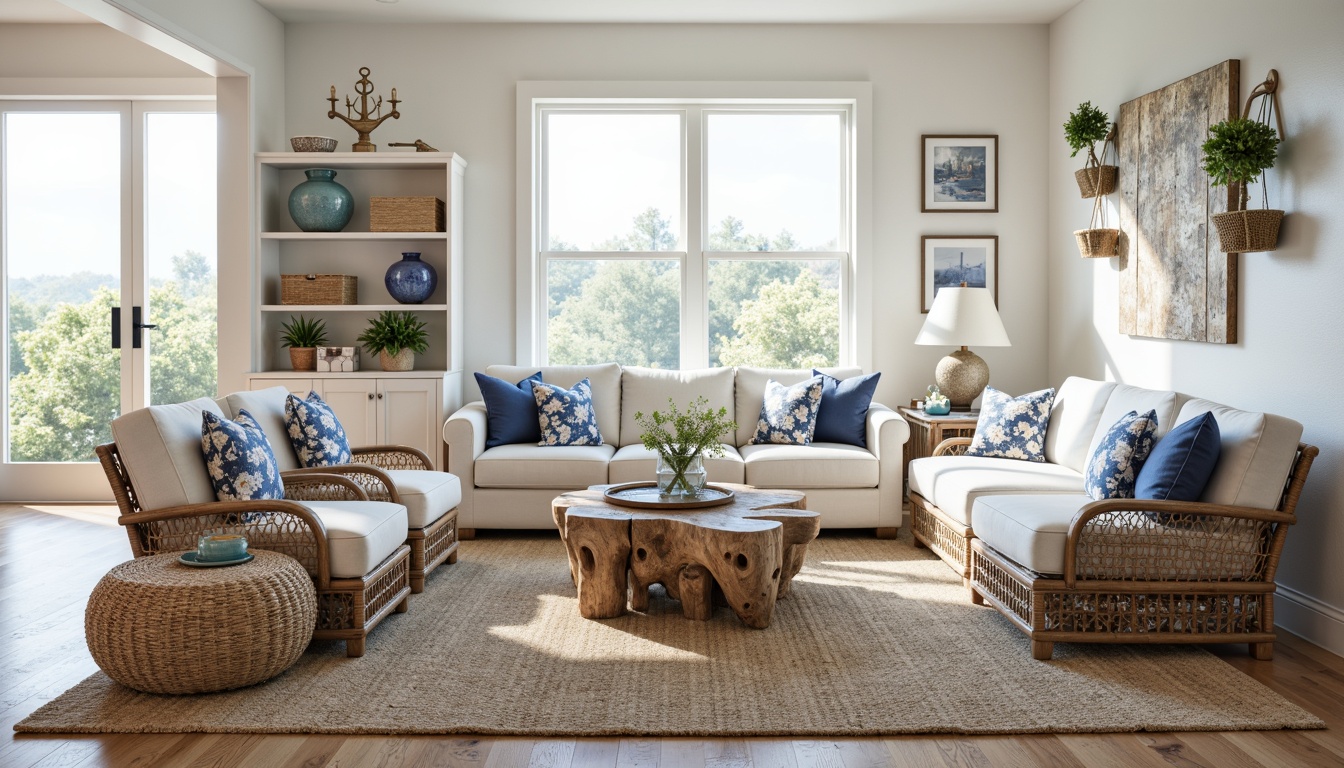 Prompt: Coastal-themed living room, driftwood coffee table, wicker armchairs, linen-upholstered sofas, natural fiber rugs, jute ottomans, reclaimed wood shelves, nautical accents, vintage anchors, distressed finishes, sea-glass vases, coral-patterned throw pillows, ocean-inspired artwork, soft blue and white color palette, airy atmosphere, abundant natural light, 1/1 composition, shallow depth of field, warm sunny day.