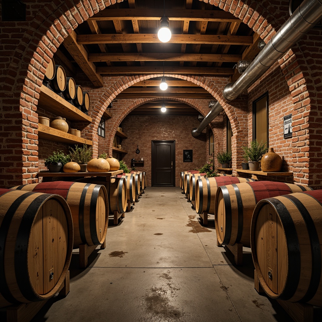 Prompt: Rustic wine cellar, exposed brick walls, wooden barrels, metal accents, reclaimed wood shelving, industrial lighting fixtures, concrete floors, vintage winemaking equipment, distressed stone surfaces, earthy tones, warm ambiance, soft box lighting, 1/2 composition, realistic textures, atmospheric misting.