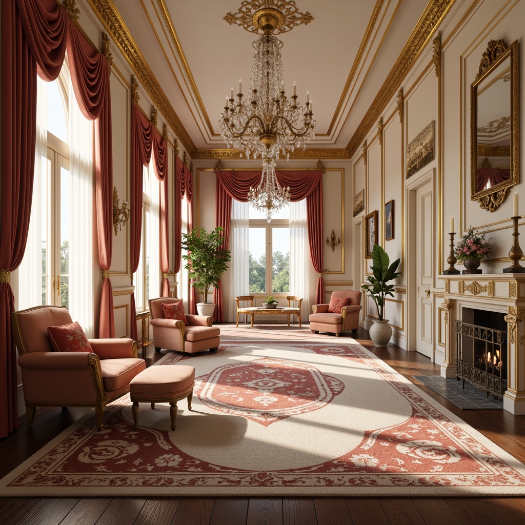 Prompt: Opulent Rococo interior, soft golden hues, creamy whites, rich velvety reds, lavish pinks, ornate gold accents, intricate carvings, delicate floral patterns, luxurious fabrics, plush furnishings, crystal chandeliers, warm candlelight, subtle gradient effects, shallow depth of field, 1/2 composition, realistic textures, ambient occlusion.