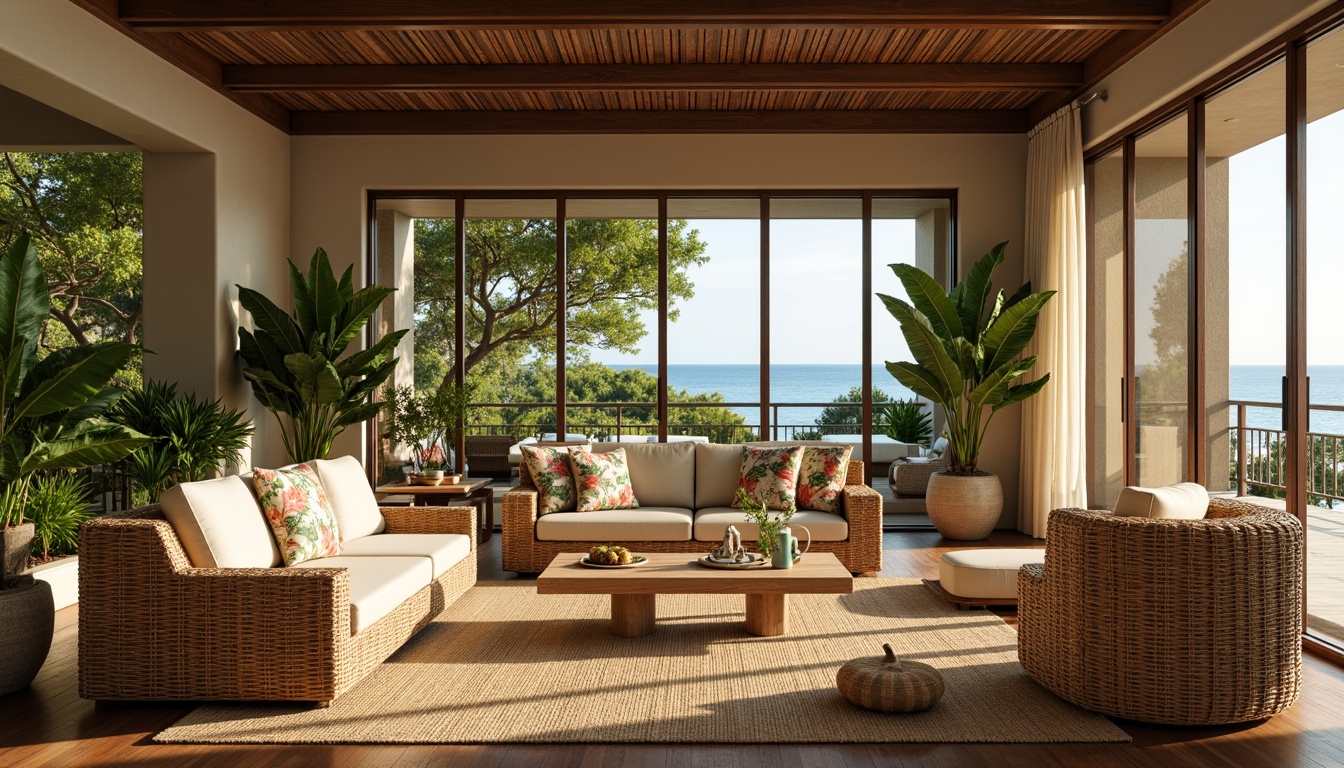 Prompt: Tropical living room, rattan furniture, natural wicker textures, comfortable plush cushions, vibrant floral patterns, wooden accents, reclaimed teak wood, exotic plants, lush greenery, warm beige walls, large windows, sliding glass doors, ocean views, sunny day, soft warm lighting, shallow depth of field, 3/4 composition, panoramic view, realistic textures, ambient occlusion.